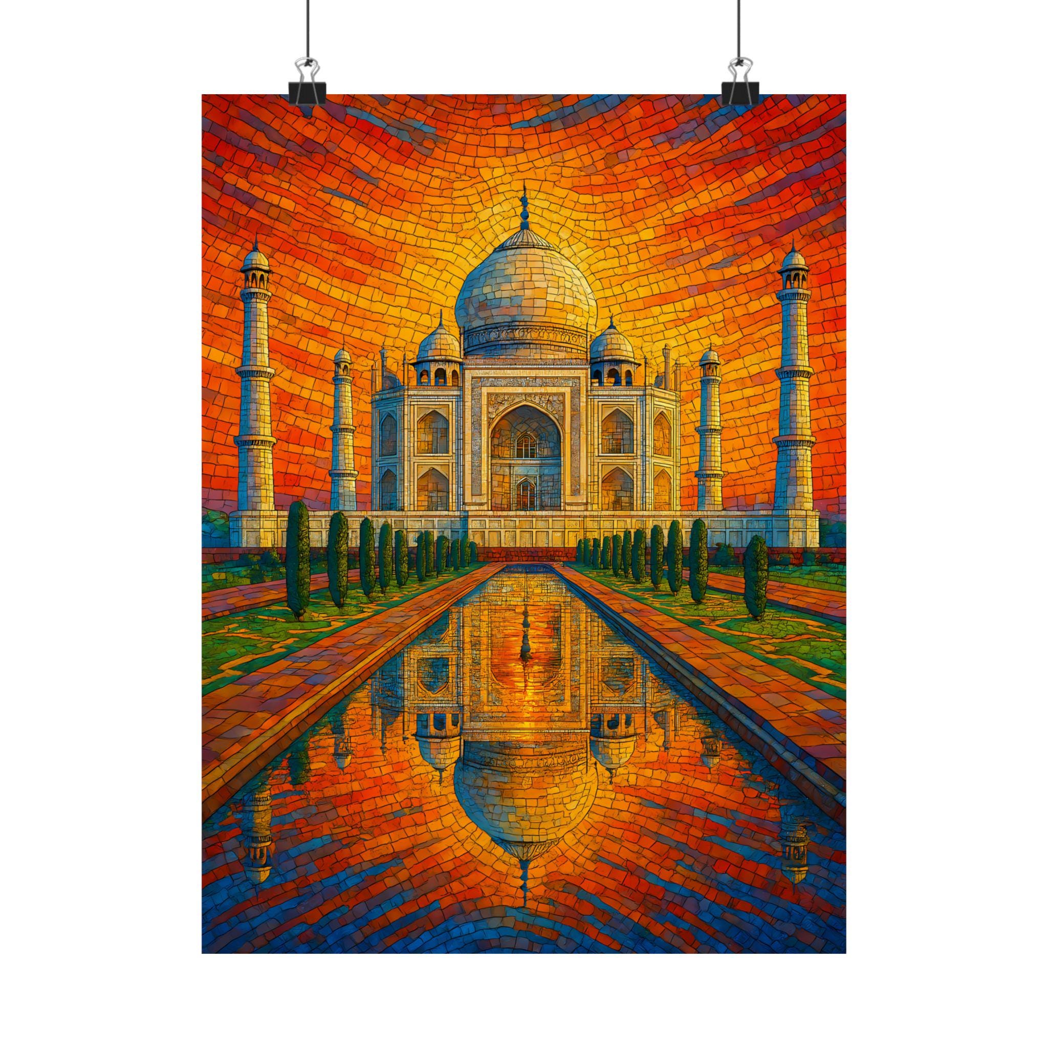Taj Mahal Mosaic Print India Agra Art Blue Gold Sunset unframed taj-mahal-mosaic-print-india-agra-art-blue-gold-sunset-unframed