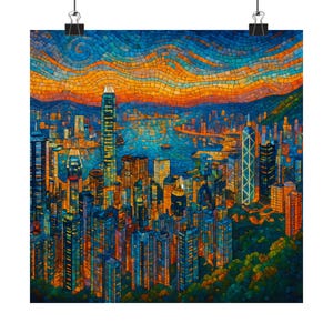 Stampa a mosaico dello skyline di Hong Kong: tramonto sul porto di Victoria, arte murale con paesaggio urbano