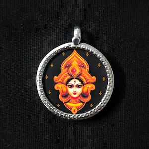 Handmade Silver Pendant 92.5 Sterling Silver Photo Print Pendant Hindu Goddess Durga Mata Face Pendant Glass Framed Pendant