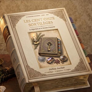 May include: A thick, cream-coloured book titled 'Les Cent Onze Sortilèges' by Méline Auclair, featuring an ornate cover with a central illustration of a key on a book, gold-edged pages, a sun charm bookmark, and colourful page tabs.