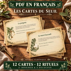 May include: A set of printable cards titled Les Cartes du Seuil featuring vintage-style paper with green botanical illustrations, a gold key, and a wax-sealed envelope. The cards contain French text with instructions for daily rituals and mindfulness exercises.