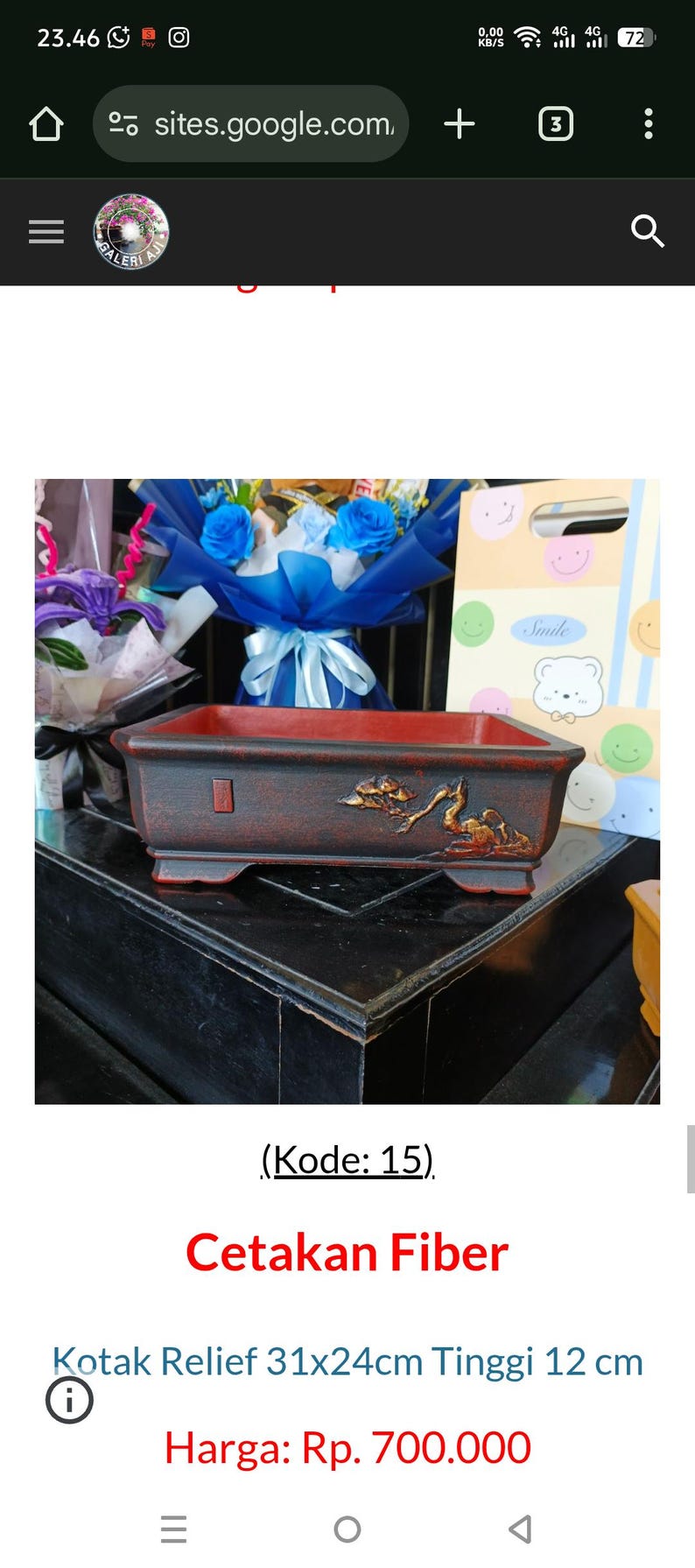 May include: A dark red rectangular planter with gold-coloured relief carvings. The planter measures approximately 12 cm high, 31 cm long, and 24 cm wide. The text "(Kode: 15)" and "Cetakan Fiber" are visible.