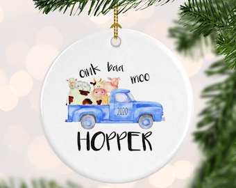 Blue Truck Christmas Ornament, Personalized Little Farm Truck Christmas Ornament, Custom, Oink Baa Moo, Stocking Stuffer kids