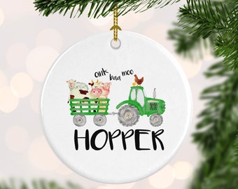 Green Tractor Christmas Ornament, Farmer Xmas, Personalized Little Tractor Christmas Ornament, Custom, Oink Baa Moo, Stocking Stuffer kids