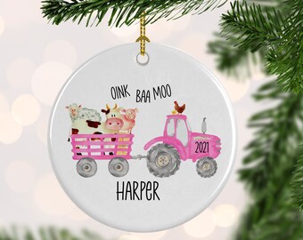 Personalized Pink Tractor Christmas Ornament - Farm Christmas Ornaments for boys and girls - Pink, Red, Green or Blue Tractors Available