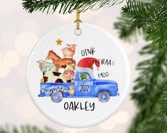 Blue Truck Christmas Ornament, Farmer Xmas, Personalized Truck Christmas Ornament, Custom, Oink,Baa, Moo Stocking Stuffer kids