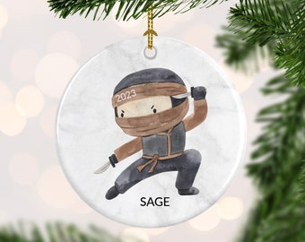 Brown Ninja Christmas Ornament - Personalized 1st Christmas Ceramic Ornament - Custom Keepsake Yearly Ornament - Red, Green , Blue Ninjas