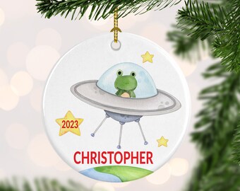 Space Ship Christmas Ornament -Personalized Frog Alien Christmas Ornament  - Stocking Stuffer kids - Keep sake Yearly Ornament