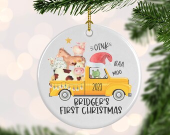 Yellow Truck Christmas Ornament, Farmer Xmas, Personalized Truck First Christmas Ornament, Custom, Oink, Baa, Moo Stocking Stuffer kids