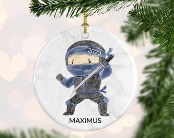 Blue Ninja Christmas Ornament - Personalized 1st Christmas Ceramic Ornament - Custom Keepsake Yearly Ornament - Red, Green , Brown Ninjas