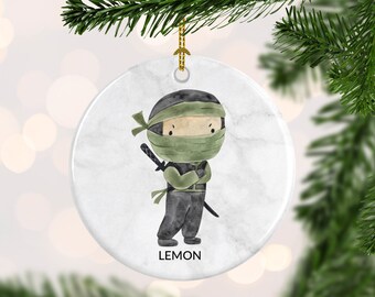 Green Ninja Christmas Ornament - Personalized 1st Christmas Ceramic Ornament - Custom Keepsake Yearly Ornament - Red, Green , Blue Ninjas