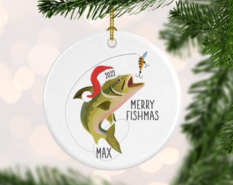 Fishing Ornament -  Personalized Christmas Tree Decor - 2022 Merry Fishmas - Custom Gift For Him - Name Year Ornament - Santa Fish