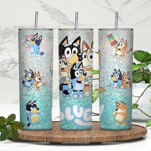 Personalized Bluey Dogs Tumbler with Lid & Straw: Insulated 20 oz Travel Cup