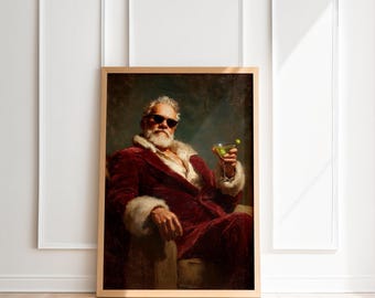 May include: Framed portrait of a man in a red velvet suit with white fur trim, wearing sunglasses, and holding a martini with a green olive. The artwork is displayed against a white wall and wooden floor.