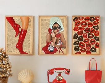 Red Pop Art Prints: Retro Phone, Boots, Lips Collage (Digital Download)