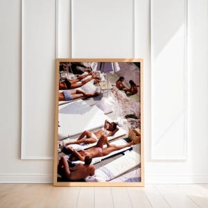 Beach Club Wall Art – Poolside Sunbathers Print, Coastal Summer Photography, Minimal White Loungers, Mediterranean-Inspired Decor, old money