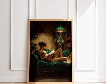 May include: A framed art print depicts a woman reading on a teal sofa. She is wearing a green and white patterned bikini. A green lamp and plants are in the background. The artwork is in a wooden frame and leans against a white wall.