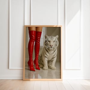 Minimalist Fashion Art Print – Woman & tiger Poster, Chic Summer Style Wall Decor, Editorial Aesthetic Illustration, summer hypebeast art