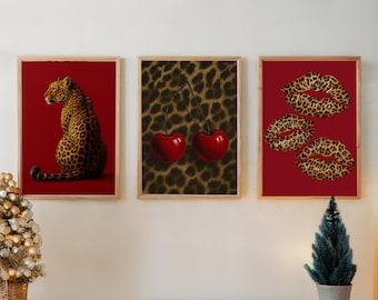 Leopard Love Wall Art Set: Cherry Red Fashion Prints (Digital Download