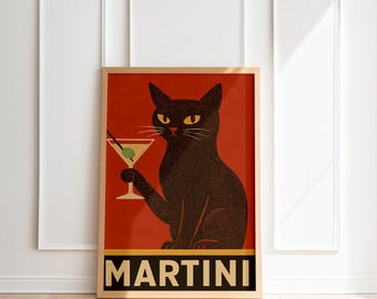 Black Cat Martini Poster, Vintage Cocktail Wall Art, Retro Bar Decor, Printable Kitchen Art, Digital Download, black cat martini wall art
