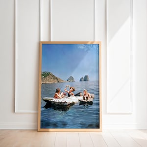 Women Eating Pasta On Water, Eating Spaghetti on Lake Print,Vintage Girls Eating Spaghetti on Lake Prin, vintage canabsi art, Fashion Poster