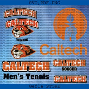 May include: A blue background with multiple instances of the word "CALTECH" in orange and white, along with a beaver mascot graphic. Text includes "SVG, PDF, PNG" and "Men's Tennis".