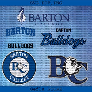 May include: A blue graphic design with the words "Barton College" and "Bulldogs" in white and blue, plus a bulldog mascot and a torch icon. The image includes "SVG, PDF, PNG" and "Gefla STORE".