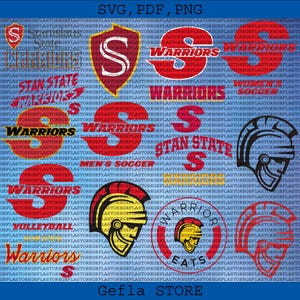 May include: A blue background with various red and white graphics, including the text "SVG, PDF, PNG" and the words "Warriors," "Stan State," and "Men's Soccer." There are also helmet and shield designs.
