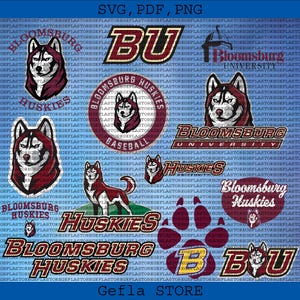 Pode incluir: Um fundo azul com vários gráficos bordô e brancos, incluindo o texto "SVG, PDF, PNG", "BU", "Bloomsburg Huskies" e uma ilustração de cachorro husky. A imagem é para Gefla STORE.