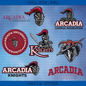 Puede incluir: Un fondo azul con múltiples logotipos que presentan un casco de caballero y las palabras "Arcadia University Knights". Los logotipos son rojos, blancos y negros, con el texto "Gefla STORE" en la parte inferior.