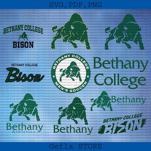 May include: A blue background with the words "SVG, PDF, PNG" at the top. The image features multiple instances of the words "Bethany College" and "Bison" with a green bison graphic. The text "Men's Soccer" is also present.