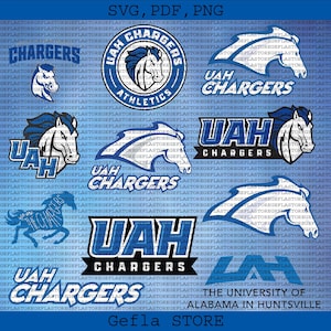 May include: A blue background features multiple logos and text elements for "UAH Chargers." Logos include a horse head and the words "Athletics" and "The University of Alabama in Huntsville."
