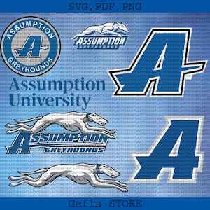 May include: A blue background with multiple logos and text. The logos include a circular emblem with "Assumption Greyhounds" and a stylized "A". Two greyhounds are running across the bottom. Text: "SVG, PDF, PNG".