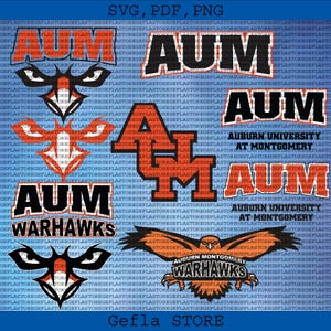 May include: A blue background with multiple orange, black, and white logos and text elements. The text includes "AUM", "Auburn University at Montgomery", and "Warhawks". The image also contains an illustration of an eagle.