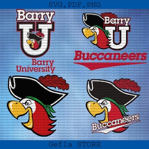 May include: A blue background with multiple logos featuring a pirate mascot, the word "Barry," and "Buccaneers." The logos are in red, white, black, and green, with the text "Gefla STORE" at the bottom.