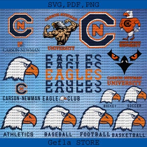 May include: A blue background with various Carson-Newman University Eagles logos. Includes text like "Eagles", "Athletics", and "Baseball". Designs are in navy, orange, and white.
