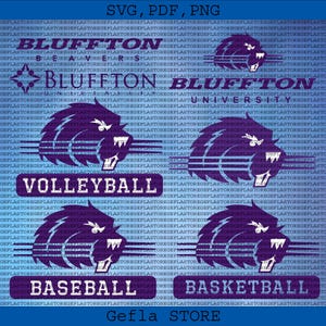 May include: Blue background with the text "Bluffton" and lion graphics. Includes the words "Volleyball", "Baseball", and "Basketball" in white text on purple rectangles. "Gefla STORE" is at the bottom.