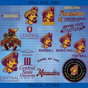 May include: A blue background with multiple logos and text elements. The logos feature a pirate-like figure wearing a maroon hat with "CSU" on it. Text includes "Central State Marauders" and sports-related terms.
