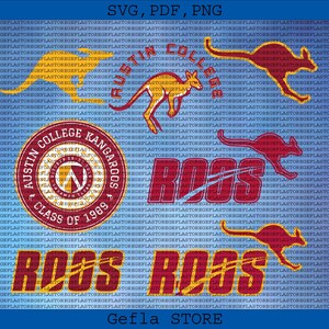 Puede incluir: Un diseño gráfico azul con canguros amarillos y rojos, con el texto "Austin College Kangaroos" y "Class of 1989". La imagen también incluye las palabras "ROOS" en una fuente estilizada.