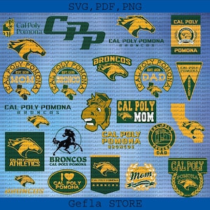 Può includere: Una collezione di loghi e simboli di Cal Poly Pomona in oro, verde e nero su sfondo blu. Include il testo "CAL POLY POMONA", "BRONCOS" e "MOM".