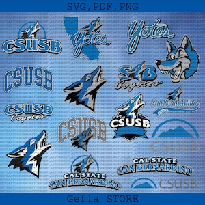 May include: Blue graphic design featuring the text "CSUSB Coyotes" and "Cal State San Bernardino" with howling wolf illustrations. Includes "Gefla STORE" text and SVG, PDF, PNG labels.