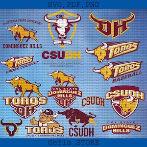Könnte beinhalten: Eine Sammlung von Logos und Emblemen mit einem Bullen, dem Text "CSU" und "Dominguez Hills" in Burgunderrot und Gold auf blauem Hintergrund. Enthält "Toros"- und "CSUDH"-Designs.