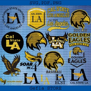 Könnte beinhalten: Eine Sammlung von Vektorgrafiken mit Logos und Texten zu Cal State LA, darunter "Cal State LA", "Golden Eagles" und "Los Angeles". Die Designs sind in Gold und Schwarz auf blauem Hintergrund.
