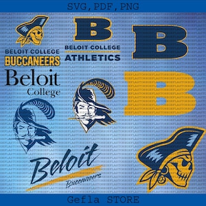 May include: A blue background with the words "SVG, PDF, PNG" at the top. The image features the text "Beloit College" and "Buccaneers Athletics" with various logos, including a pirate and the letter "B".