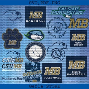May include: A collection of digital graphics featuring the text "MB" with various sports and university-related themes. Includes "Cal State Monterey Bay," "Baseball," and "Men's Basketball" on a blue background.