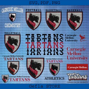 May include: A blue background with multiple shield-shaped logos featuring a black Scottish Terrier dog with a red and black tartan scarf. Text includes "TARTANS" and "Carnegie Mellon University".