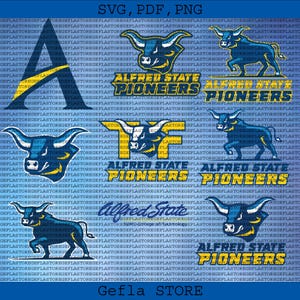 Peut inclure: Fond bleu avec plusieurs logos et textes. Les logos présentent un taureau et les mots "Alfred State Pioneers" en jaune et blanc. Le texte "Gefla STORE" est en bas.