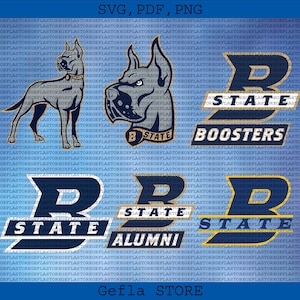 Puede incluir: Diseño gráfico azul con una silueta de perro, las palabras "B State Boosters" y "State Alumni". El diseño se repite sobre un fondo azul. El texto "Gefla STORE" está en la parte inferior.