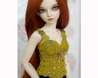 Mustard-olive green crochet top, corset, cami top, tank top for slim bjd MSD and Tonner dolls