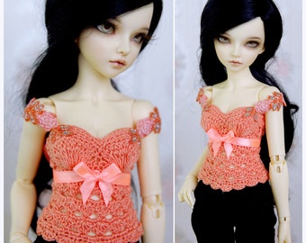 Salmon orange crochet top, corset, cami top, tank top for slim bjd MSD and Tonner dolls